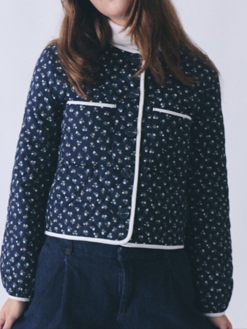 Joie Navy Quilted Floral Crop Jacket with White Piping